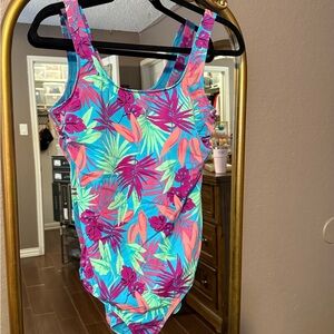 Lands' End Women Tropical Blue and Pink One Piece swimsuit